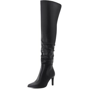 Women Pu Black Polyurethane Over The Knee Stiletto Heel Pointed Toe Long Boot